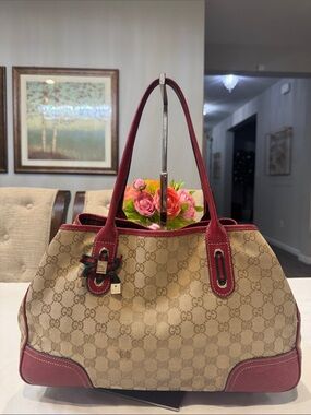 Authentic Gucci Beige GG Canvas Tote with Red Leather Handles